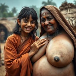 In a medieval Indian village, a young, very petite and malnourished Indian woman with decayed teeth is dressed in a long, fully-closed Buddhist robe