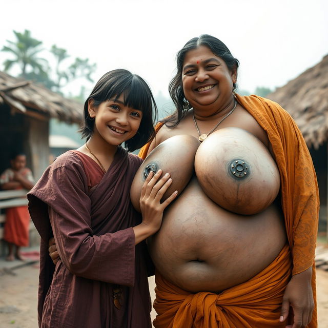 In a medieval Indian village, a young, very petite and malnourished Indian woman with decayed teeth is dressed in a long, fully-closed Buddhist robe