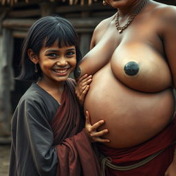 In a medieval Indian village, a young, very petite and malnourished Indian woman with decayed teeth is dressed in a long, fully-closed Buddhist robe