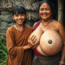 In a medieval Indian village, a young, very petite and malnourished Indian woman with decayed teeth is dressed in a long, fully-closed Buddhist robe