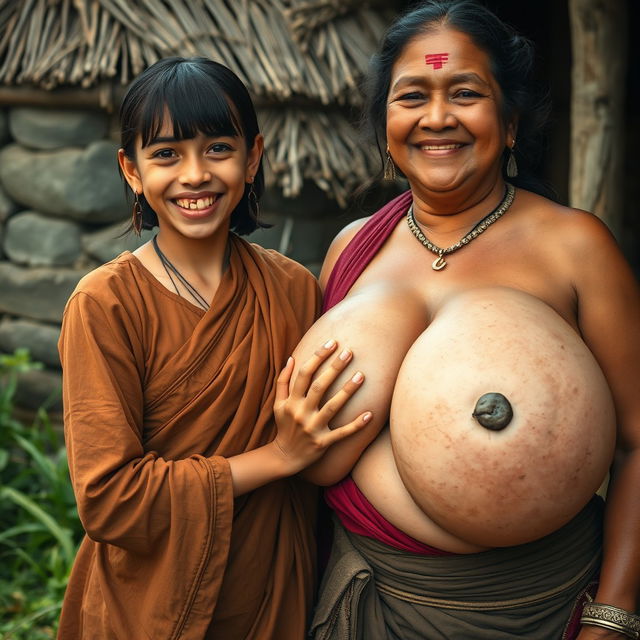 In a medieval Indian village, a young, very petite and malnourished Indian woman with decayed teeth is dressed in a long, fully-closed Buddhist robe