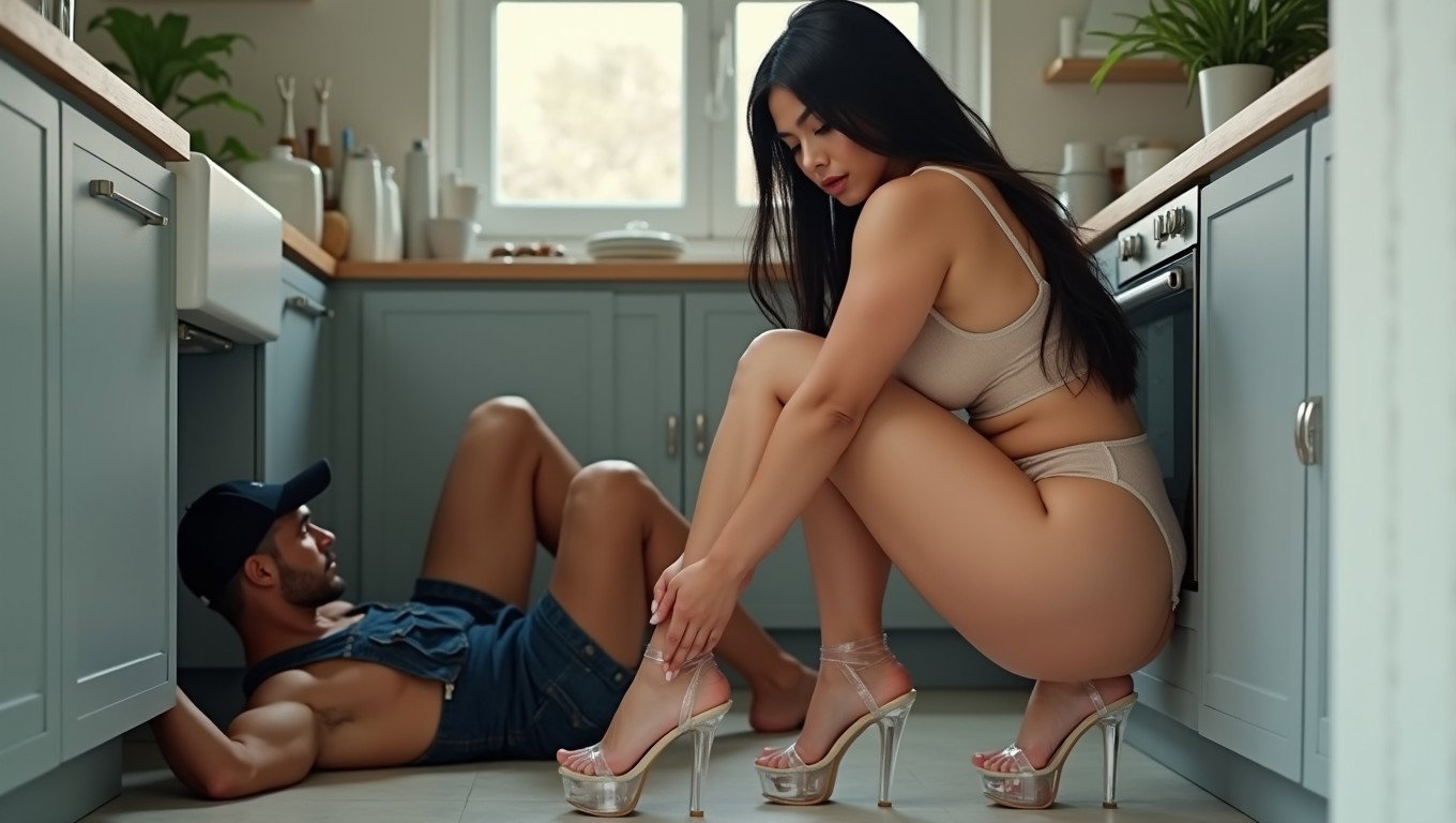 A light-skinned Latina woman with very thick legs and wide, prominent hips, long black hair, and pronounced cheekbones