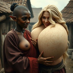 In a medieval village, a young Black woman with very dark skin, short stature, and an emaciated appearance has rotten teeth and elf-like ears