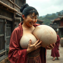 In a medieval Chinese village, a young Chinese woman who is short and emaciated with rotten teeth wears a long, closed Buddhist robe
