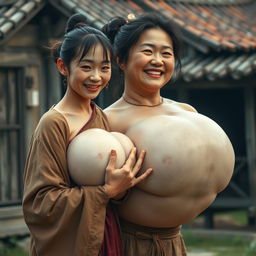 In a medieval Chinese village, a young Chinese woman who is short and emaciated with rotten teeth wears a long, closed Buddhist robe