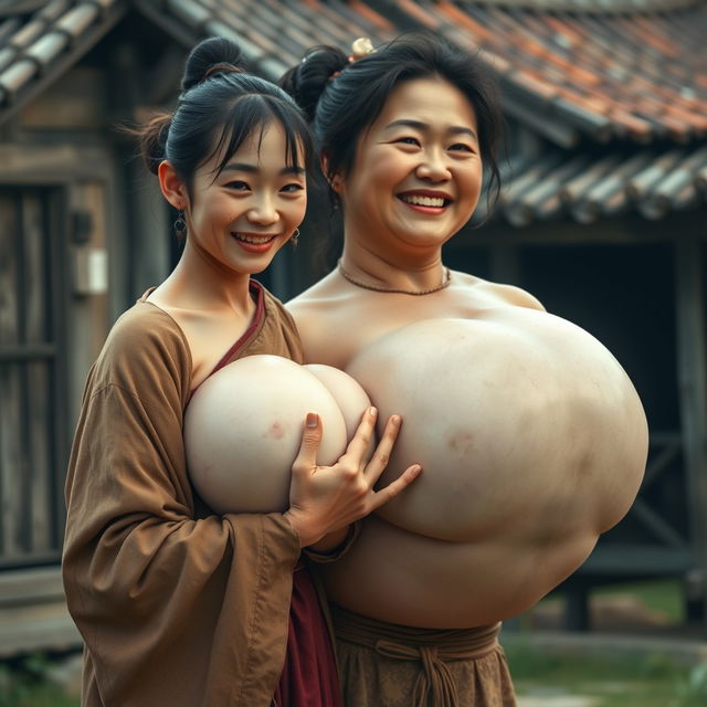 In a medieval Chinese village, a young Chinese woman who is short and emaciated with rotten teeth wears a long, closed Buddhist robe