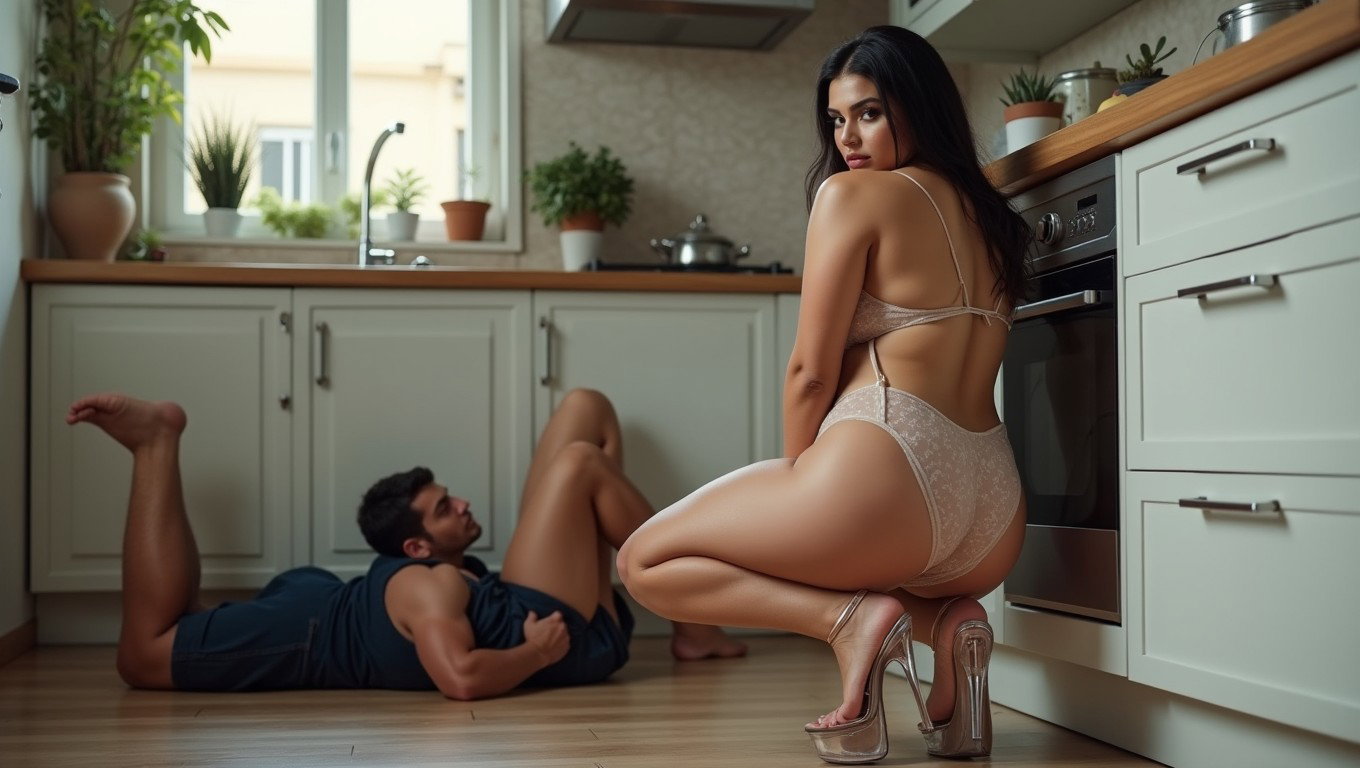 A light-skinned Latina woman with very thick legs and wide, prominent hips, long black hair, and pronounced cheekbones, standing at 1