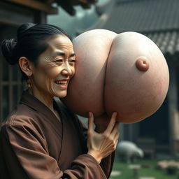 In a medieval Chinese village, a young Chinese woman who is short and emaciated with rotten teeth wears a long, closed Buddhist robe