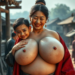 In a medieval Chinese village, a young Chinese woman who is short and emaciated with rotten teeth wears a long, closed Buddhist robe