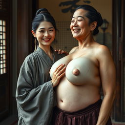 In a room from the Ming dynasty, a young Chinese woman, petite and emaciated with decayed teeth, is dressed in a long, fully closed Ming dynasty robe