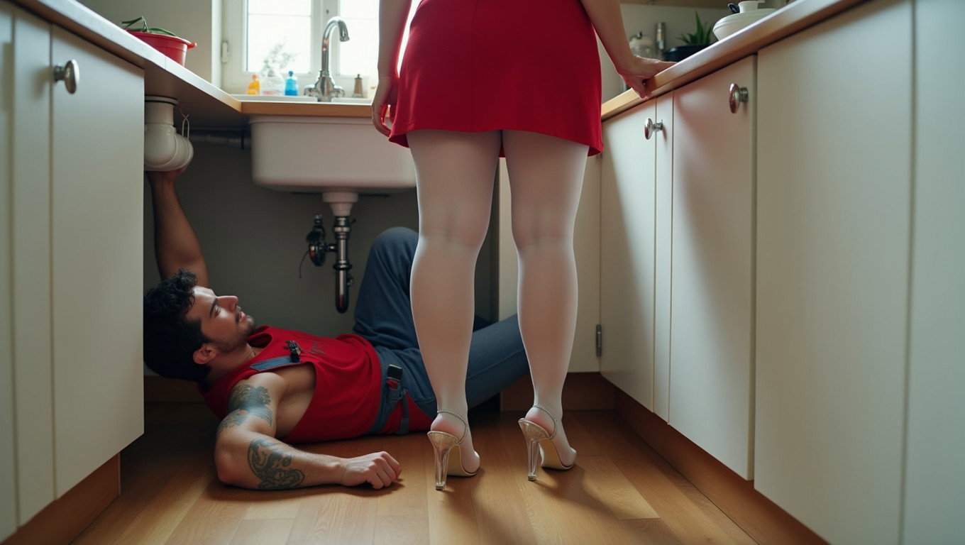 A muscular male plumber, tattooed and wearing his work uniform, is lying on the floor under the kitchen sink, repairing the pipes
