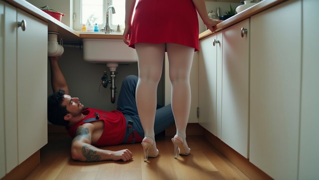 A muscular male plumber, tattooed and wearing his work uniform, is lying on the floor under the kitchen sink, repairing the pipes