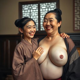 In a room from the Ming dynasty, a young Chinese woman, petite and emaciated with decayed teeth, is dressed in a long, fully closed Ming dynasty robe