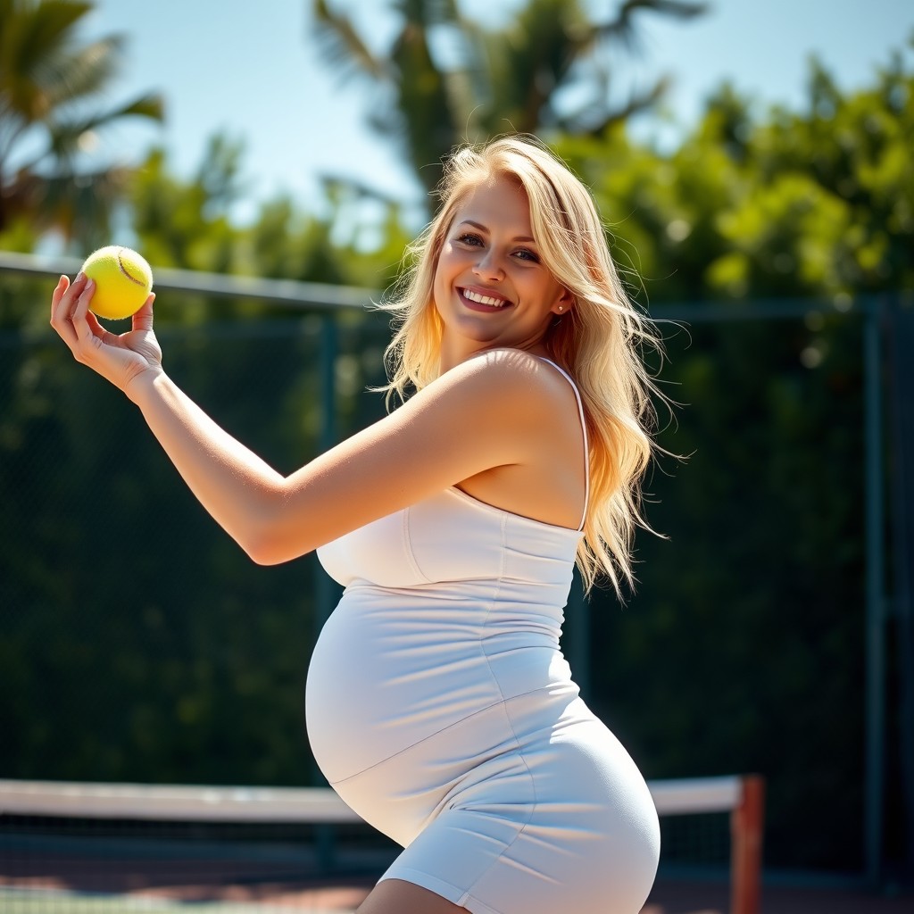 A confident and playful 19-year-old blonde woman on a sunlit tennis court, serving the ball with an energetic gesture