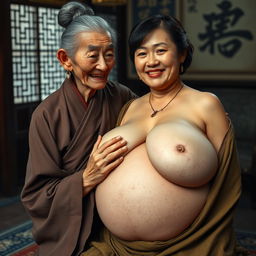 In a room from the Ming Dynasty, an elderly Chinese woman, short and emaciated with rotten teeth, is dressed in a long, fully closed Buddhist robe