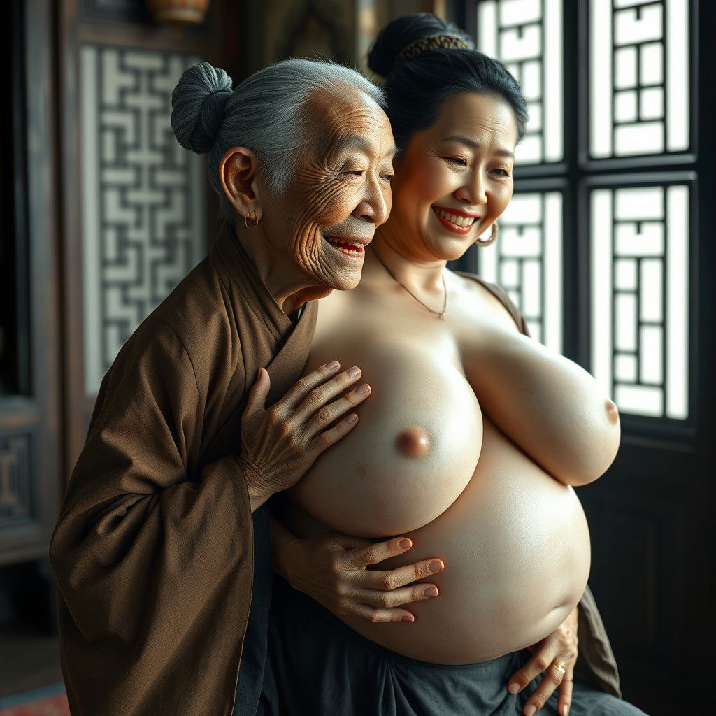 In a room from the Ming Dynasty, an elderly Chinese woman, notably short and emaciated with rotten teeth, is dressed in a long, fully closed Buddhist robe