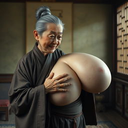 In a room from the Ming Dynasty, an elderly Chinese woman, notably short and emaciated with rotten teeth, is dressed in a long, fully closed Buddhist robe