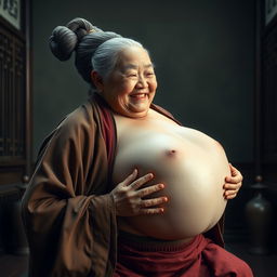 In a room from the Ming Dynasty, an elderly Chinese woman, notably short and emaciated with rotten teeth, is dressed in a long, fully closed Buddhist robe