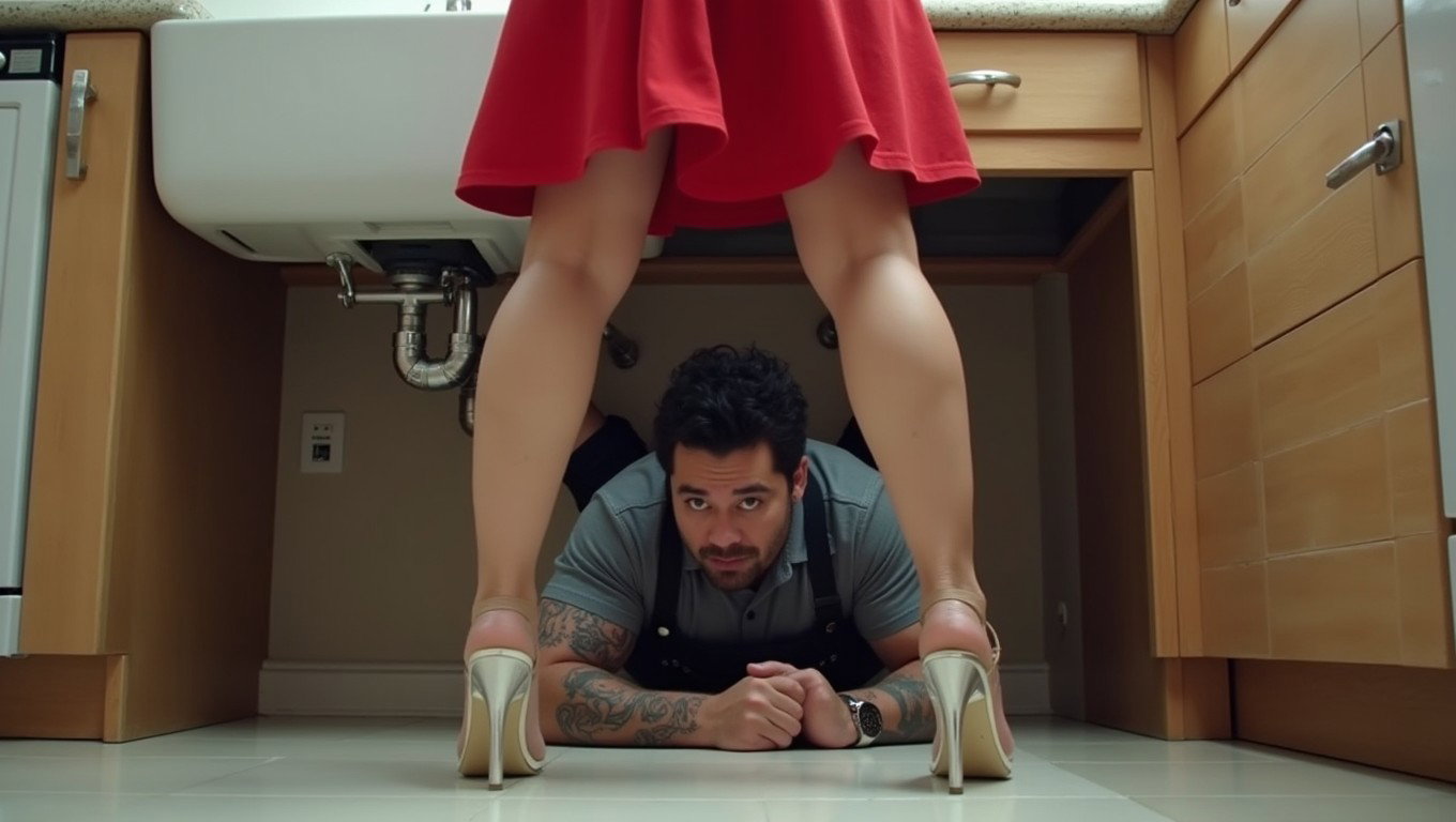 A muscular male plumber in a work uniform, covered in tattoos, is lying on the floor underneath a kitchen sink, repairing the plumbing