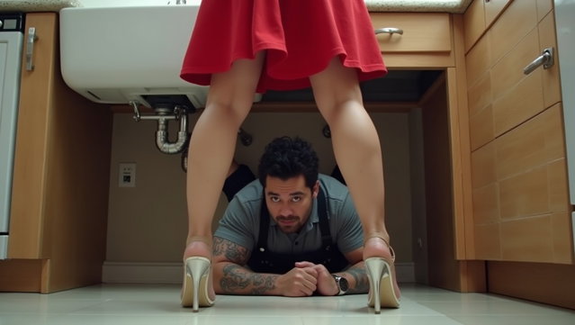 A muscular male plumber in a work uniform, covered in tattoos, is lying on the floor underneath a kitchen sink, repairing the plumbing