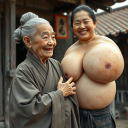 In a village from the Ming Dynasty, an elderly Chinese woman, notably short and emaciated with rotten teeth, is dressed in a long, fully closed Buddhist robe