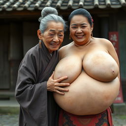 In a village from the Ming Dynasty, an elderly Chinese woman, notably short and emaciated with rotten teeth, is dressed in a long, fully closed Buddhist robe