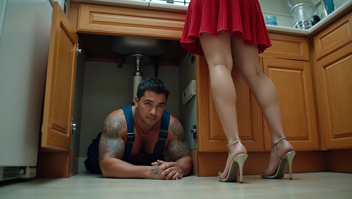 A strong, muscular plumber with tattoos, wearing his work uniform, is lying on the floor beneath a kitchen sink, repairing the plumbing