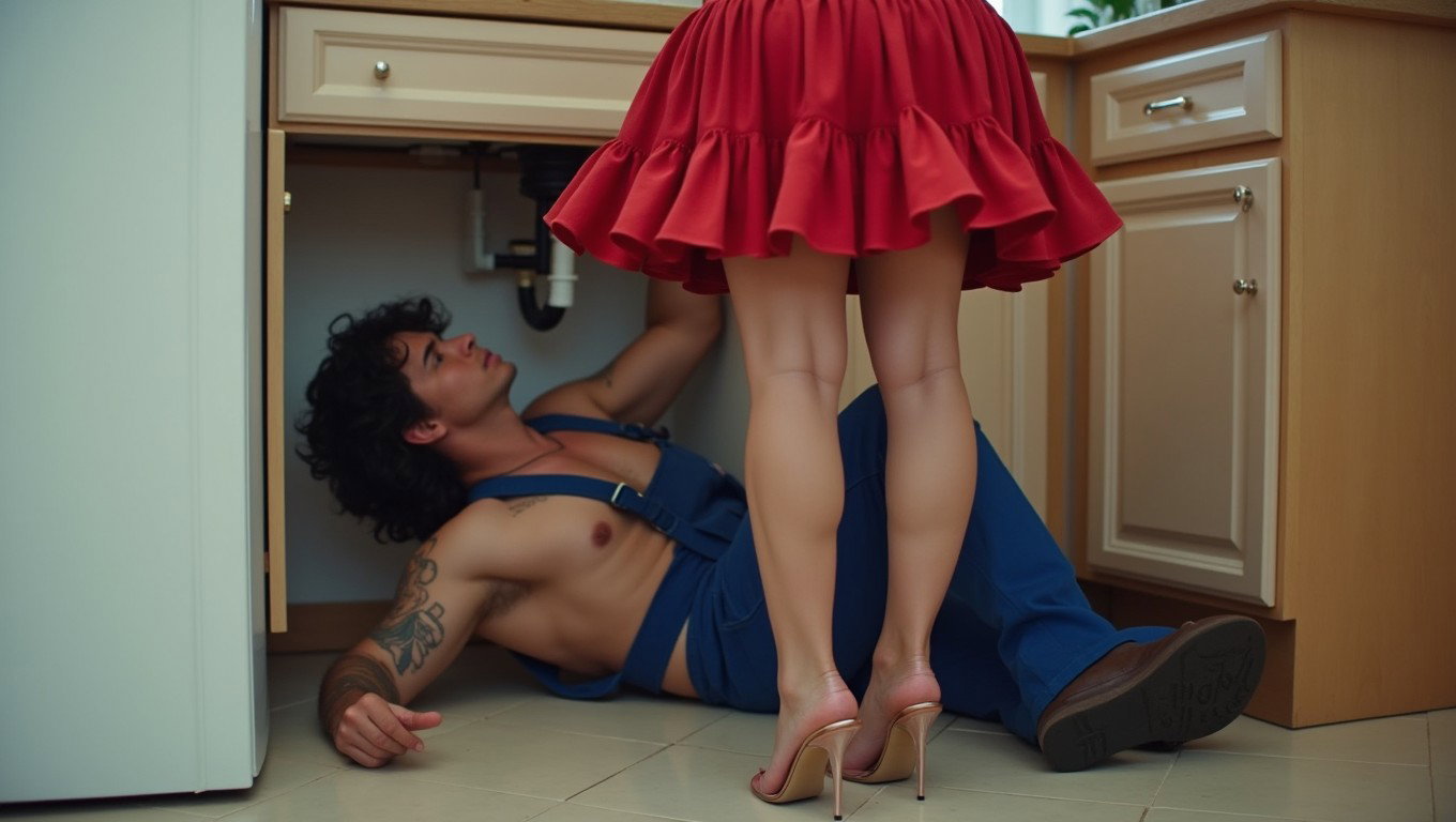 A muscular tattooed male plumber in his work uniform is lying on his back on the floor, looking up while repairing the pipes beneath a kitchen sink