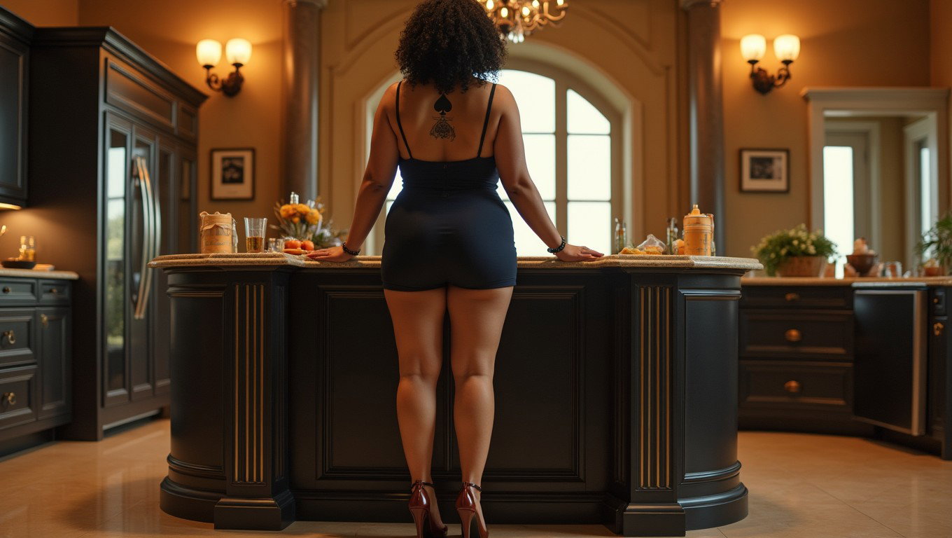 In a luxurious, spacious kitchen, a curvy woman stands in front of the sink, showcasing her wide hips and thick legs