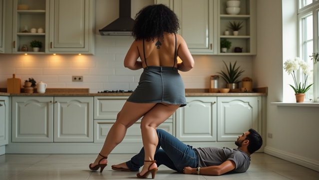 Inside a luxurious, spacious kitchen, a curvy Latina woman stands confidently in front of the sink