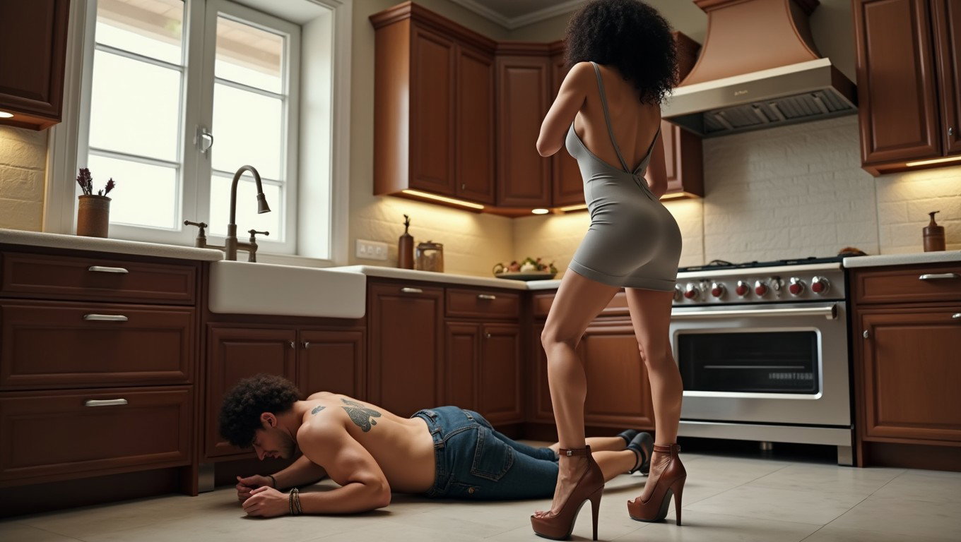 Inside a large, luxurious kitchen, a woman stands in front of the sink
