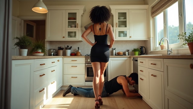 Inside a luxurious, spacious kitchen, a medium-built Latina woman stands in front of the sink