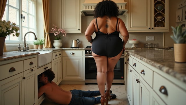 In a luxurious, spacious kitchen, a thick-figured Latina woman stands in front of the sink