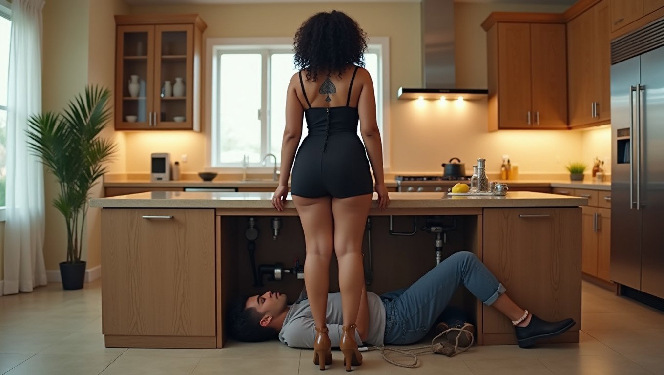 In a luxurious, spacious kitchen, a woman stands in front of the sink