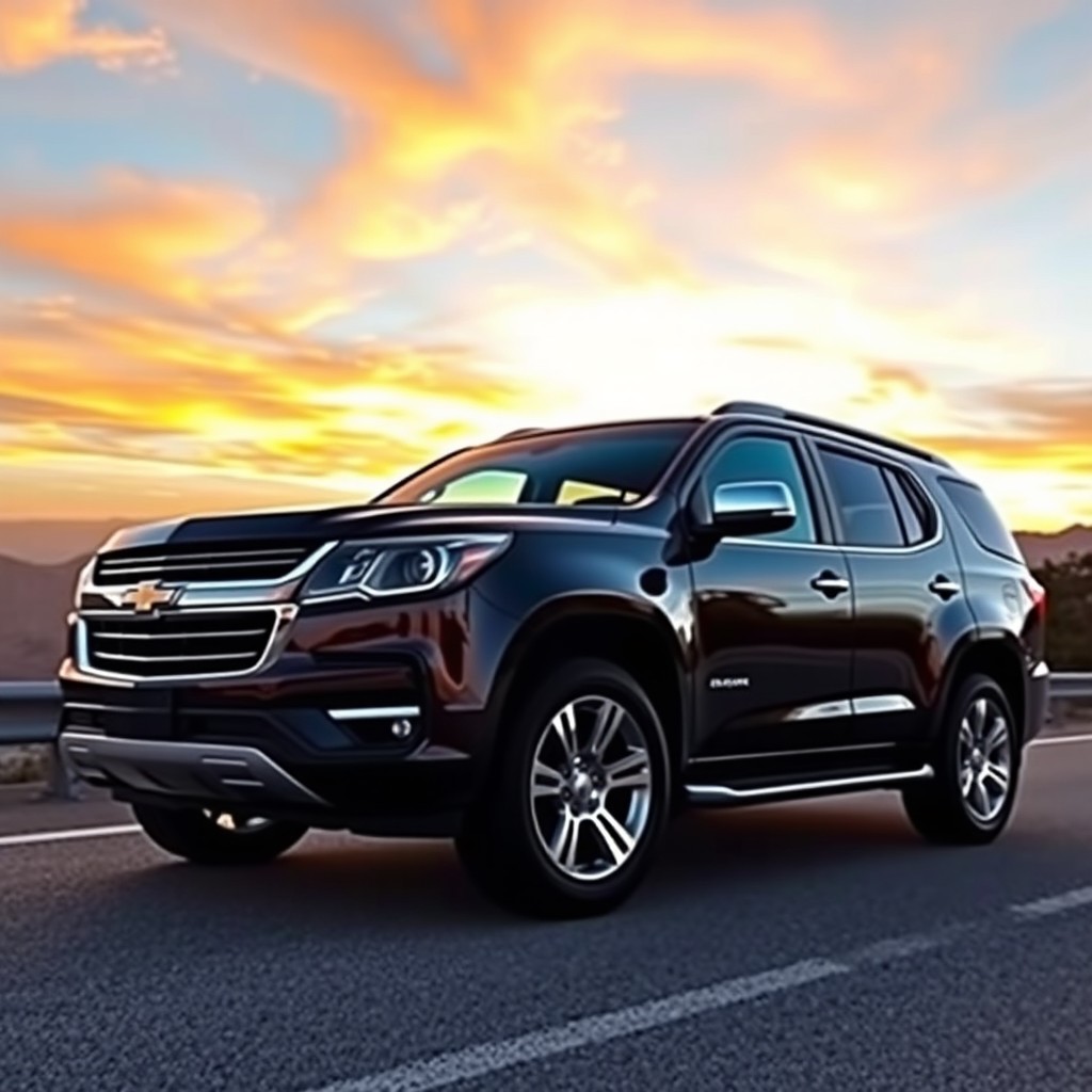 A stunning Chevrolet Trailblazer SS parked under a beautiful sunset, showcasing its aggressive stance and sleek lines