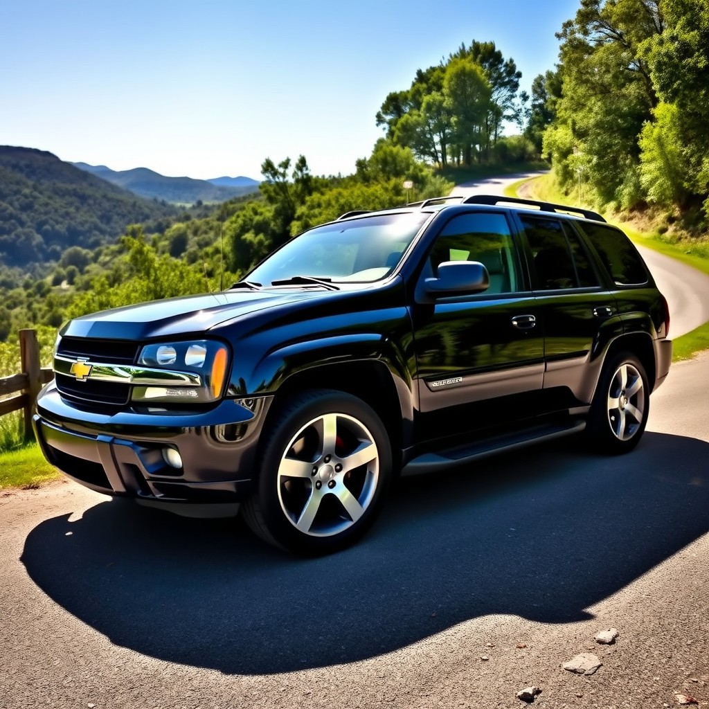 A detailed view of a 2007 Chevrolet Trailblazer SS, parked on a winding country road surrounded by lush greenery