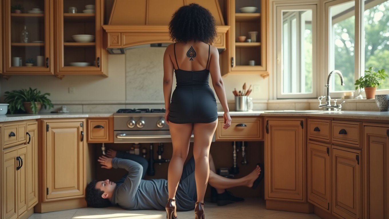 Inside a large, luxurious kitchen, a woman stands in front of the sink