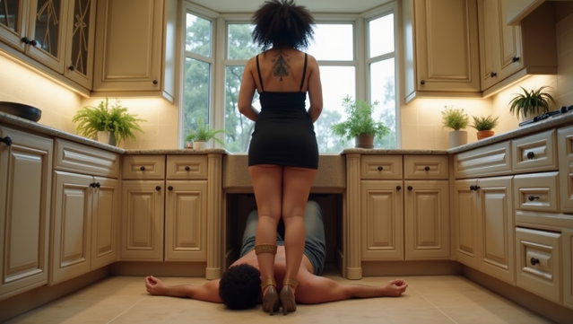 In a luxurious large kitchen, a woman stands in front of the sink, slightly bending over while separating her legs