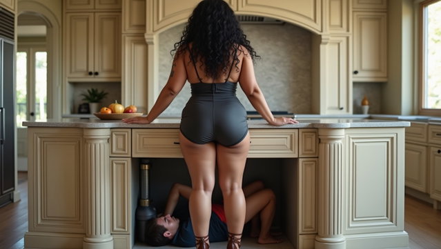 Inside a luxurious, spacious kitchen, a voluptuous woman is positioned in front of the sink, slightly bending forward with her legs apart