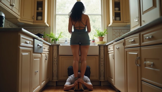 In a luxurious, spacious kitchen, a woman stands in front of the sink, slightly bending down and spreading her legs