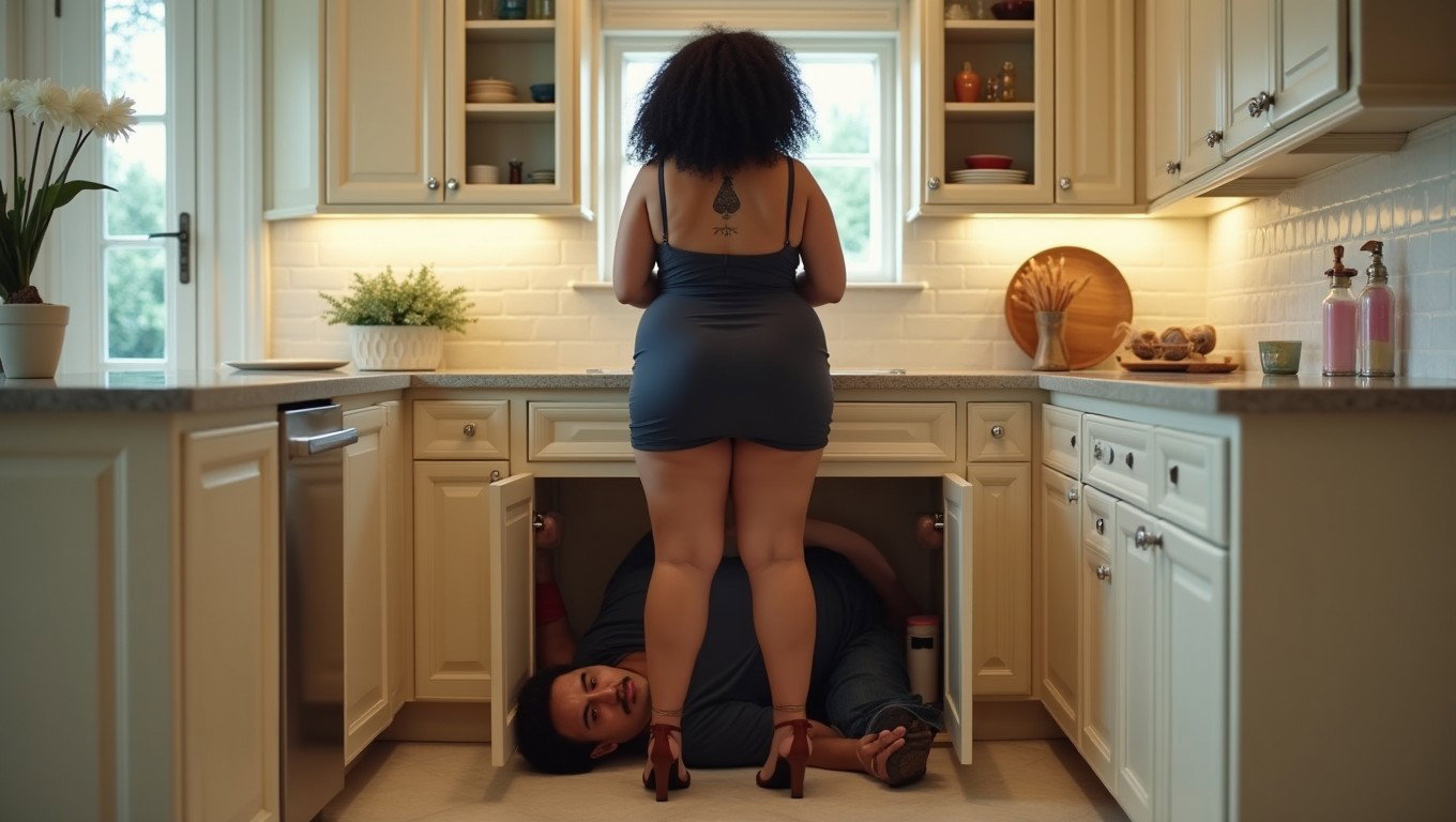 In a spacious, luxurious kitchen, a thick-figured Latina woman stands front of the sink, slightly bending her knees and separating her legs