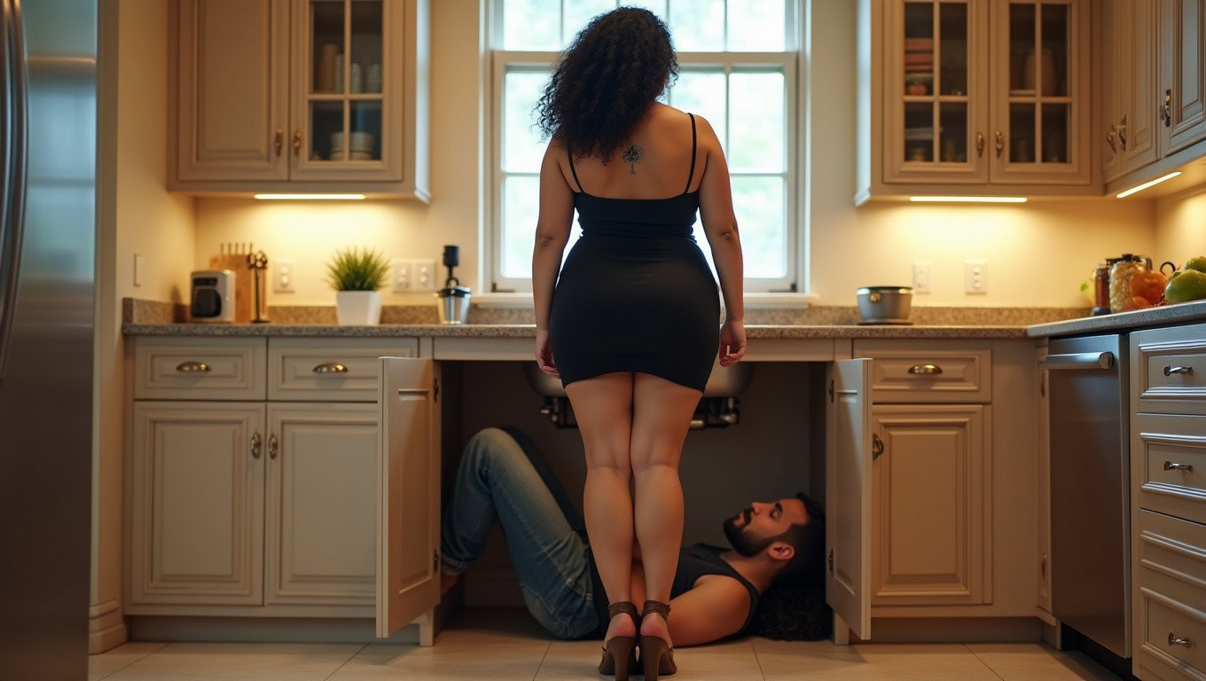 Inside a large, luxurious kitchen, a woman stands in front of the sink, slightly bending over with her legs apart