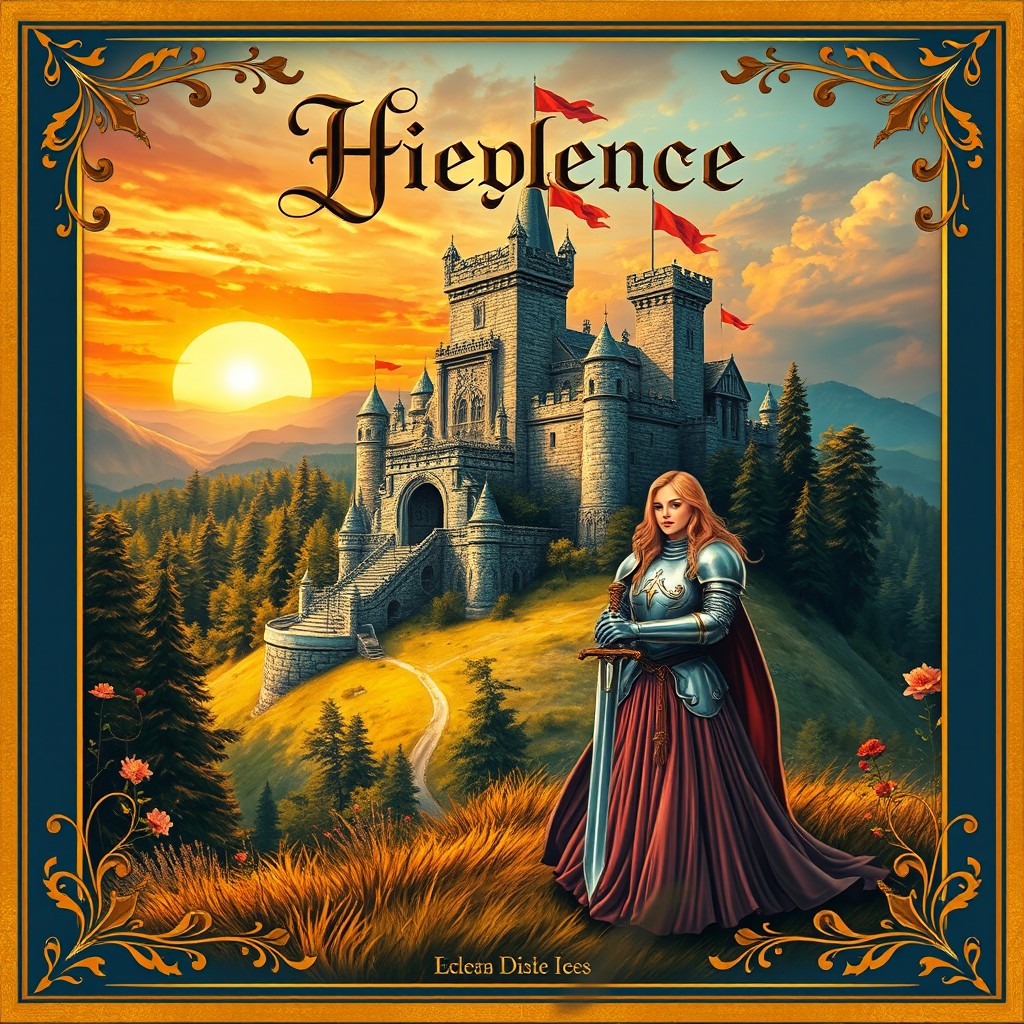 A medieval book cover featuring a majestic castle on a hill, surrounded by lush forests and a vibrant sunset in the background