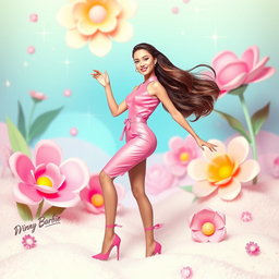 A vibrant and colorful scene inspired by Barbie aesthetics, featuring a fashionable young woman dressed in a stylish pink outfit with high heels