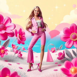 A vibrant and colorful scene inspired by Barbie aesthetics, featuring a fashionable young woman dressed in a stylish pink outfit with high heels