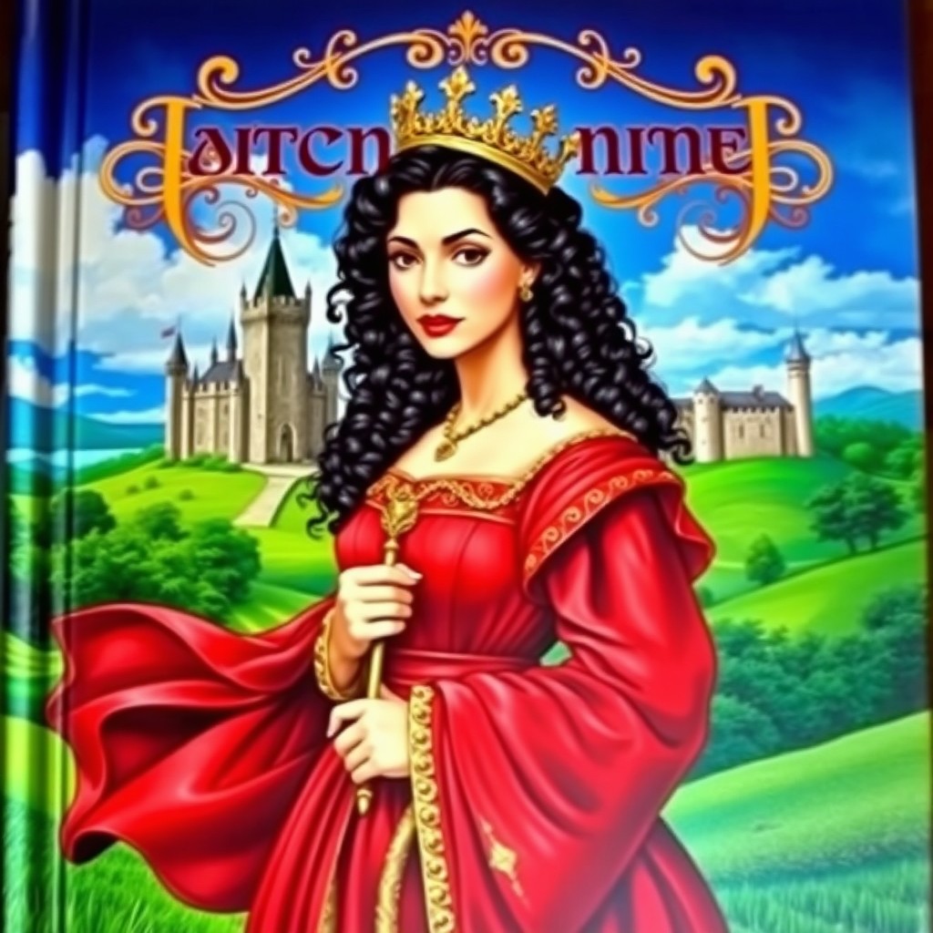 A medieval book cover depicting a regal queen with curly black hair, elegantly adorned with a golden crown