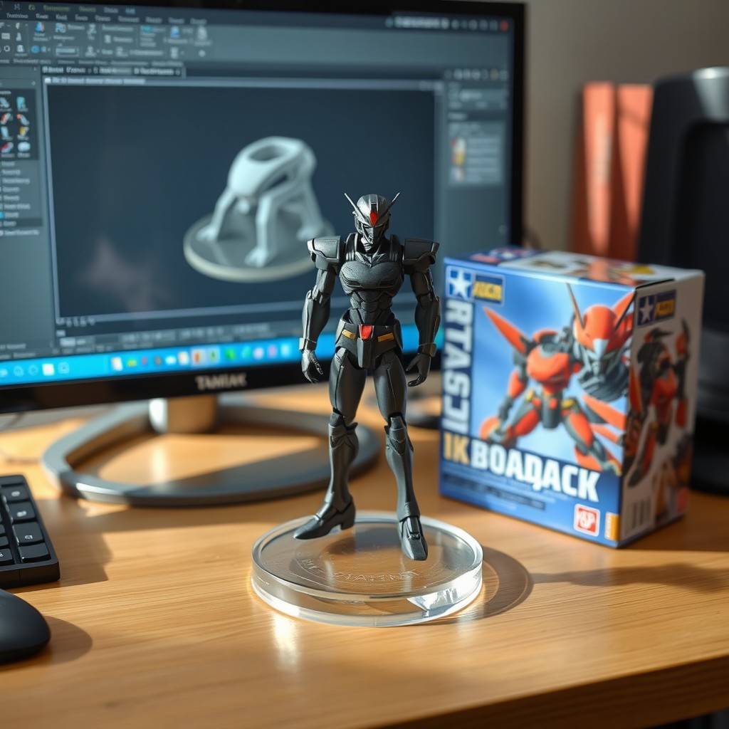 A detailed 1/24 scale model figure placed on a computer desk, showcased in a realistic environment