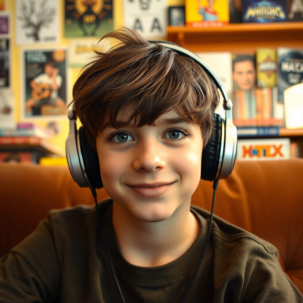 A 13-year-old boy with headphones on, showcasing his brown hair and striking dark blue eyes