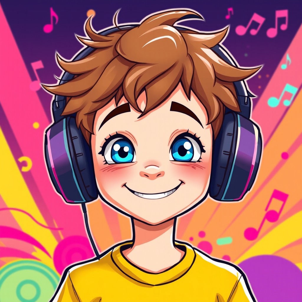 A vibrant cartoon style illustration of a 13-year-old boy, with bright blue eyes and tousled brown hair, wearing large headphones