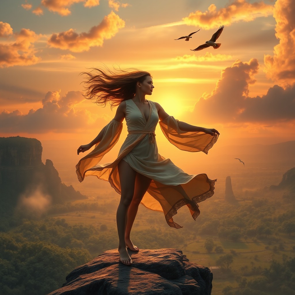 An enchanting scene featuring a powerful female figure, surrounded by nature, with wind gently tousling her hair and flowing clothing